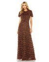 Formal Dresses Long Ruffle Tiered Short Sleeve Dress Brown Multi