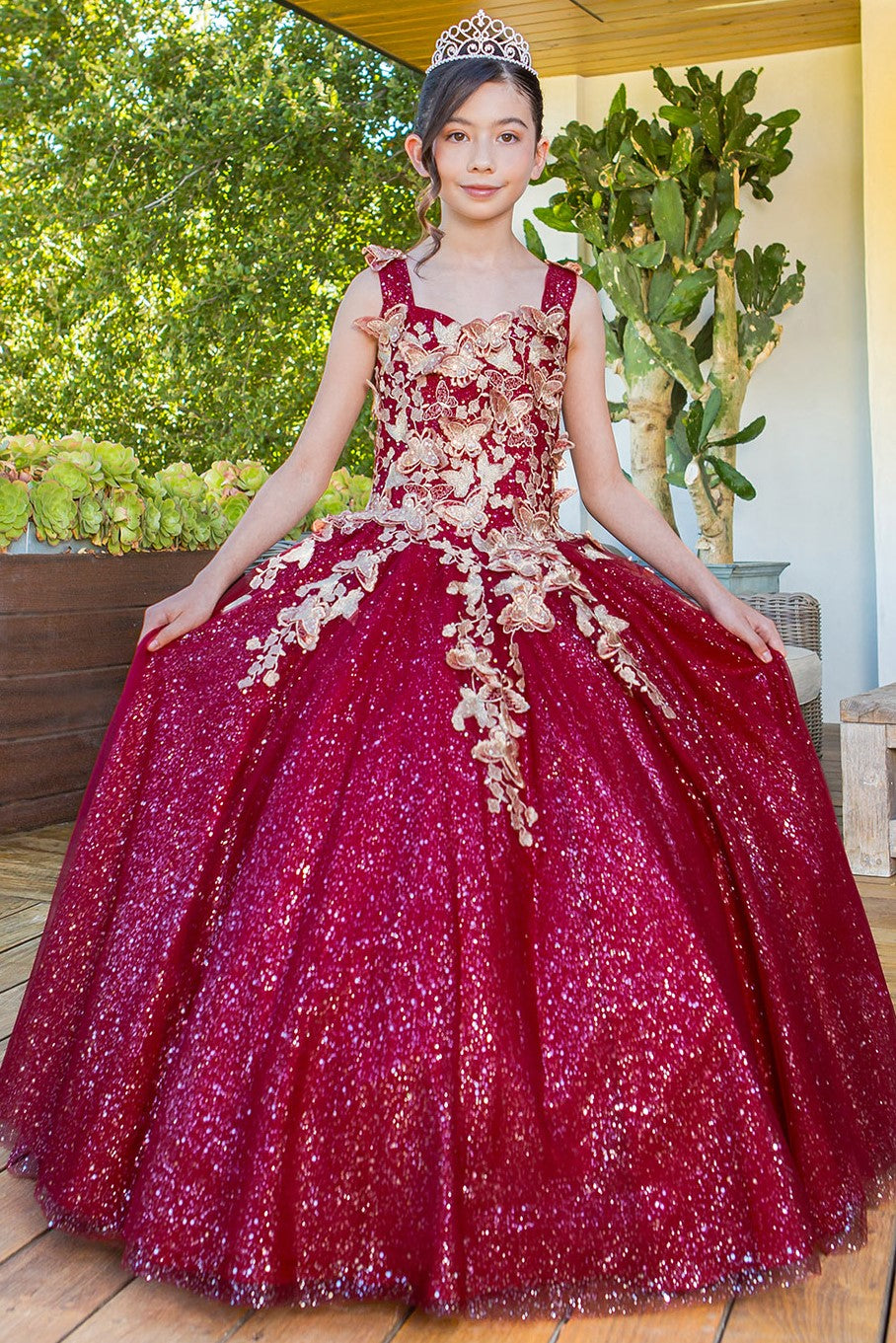 Flower Girl Dresses Long Beaded Applique Glitter Flower Girl Dress Burgundy