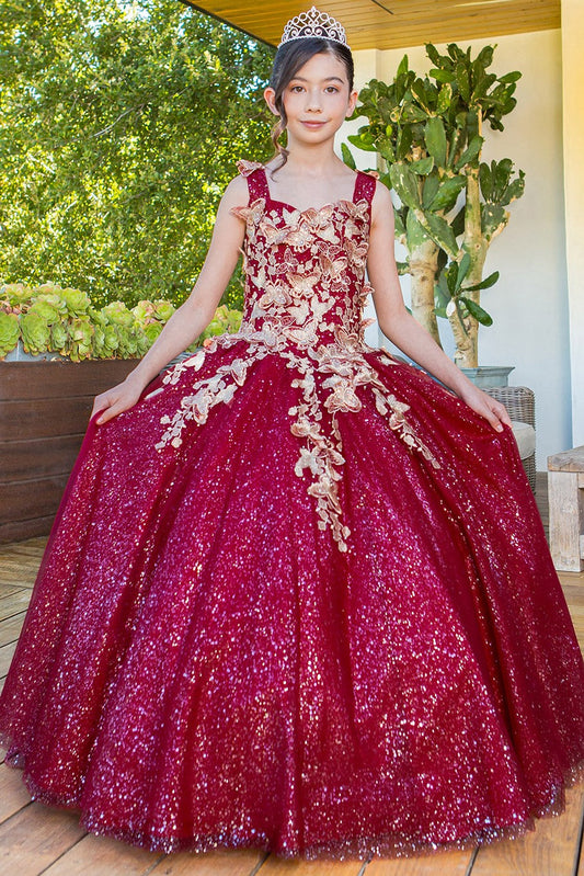 Flower Girl Dresses Long Beaded Applique Glitter Flower Girl Dress Burgundy
