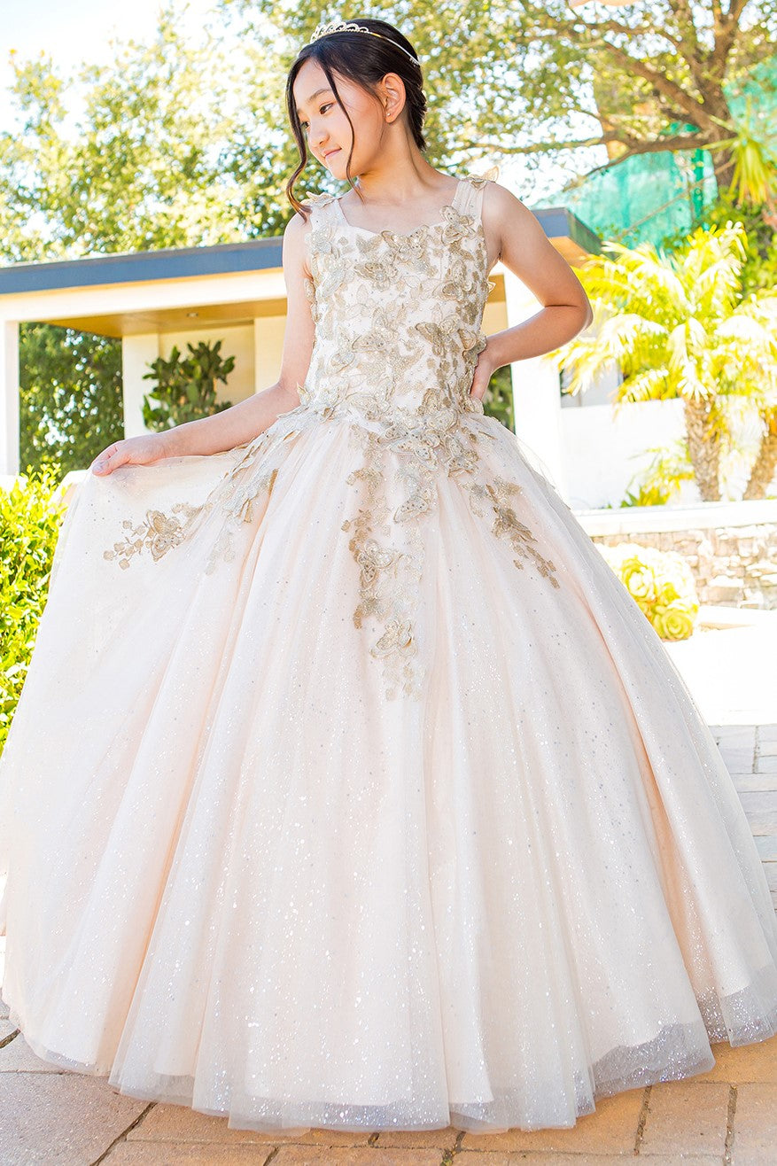 Flower Girl Dresses Long Beaded Applique Glitter Flower Girl Dress Champagne