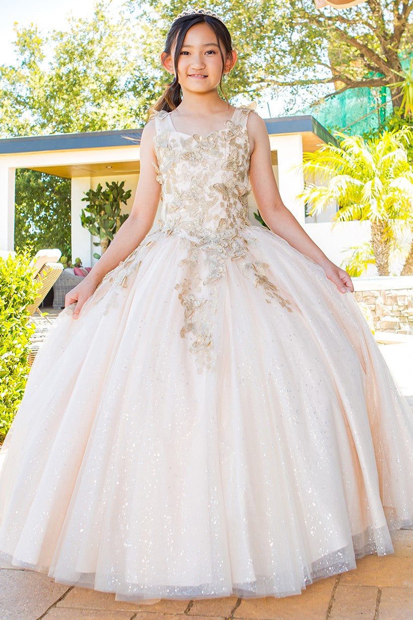 Flower Girl Dresses Long Beaded Applique Glitter Flower Girl Dress Champagne