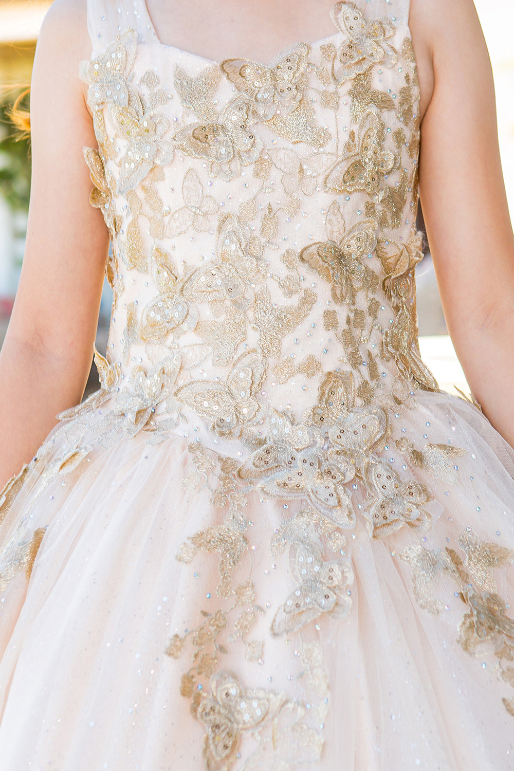 Flower Girl Dresses Long Beaded Applique Glitter Flower Girl Dress Champagne