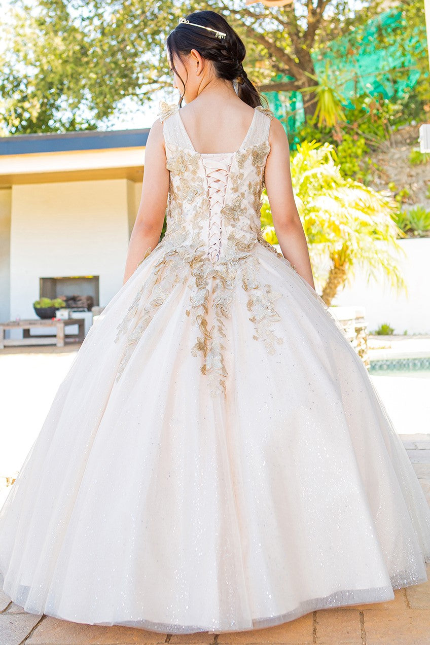 Flower Girl Dresses Long Beaded Applique Glitter Flower Girl Dress Champagne