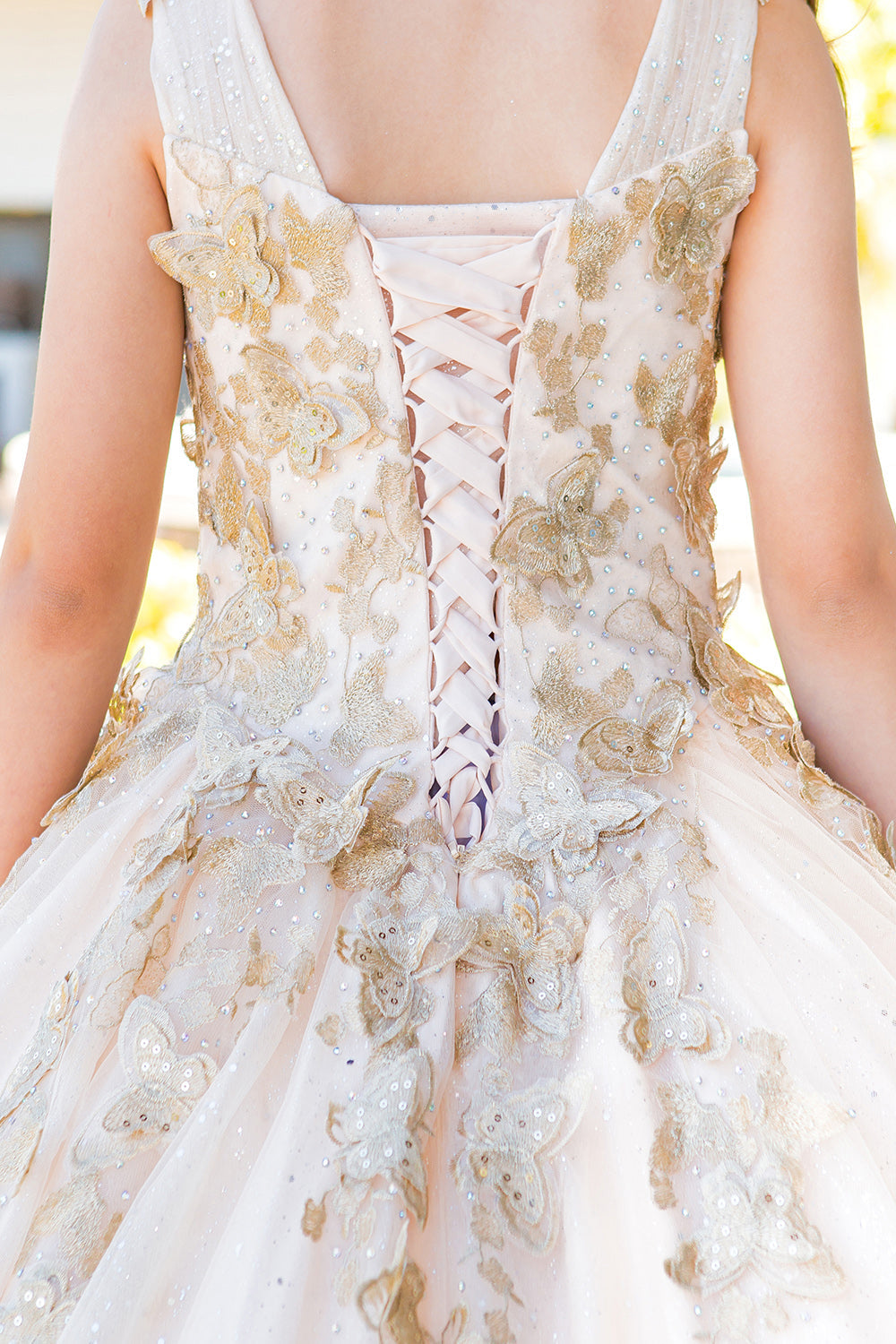 Flower Girl Dresses Long Beaded Applique Glitter Flower Girl Dress Champagne