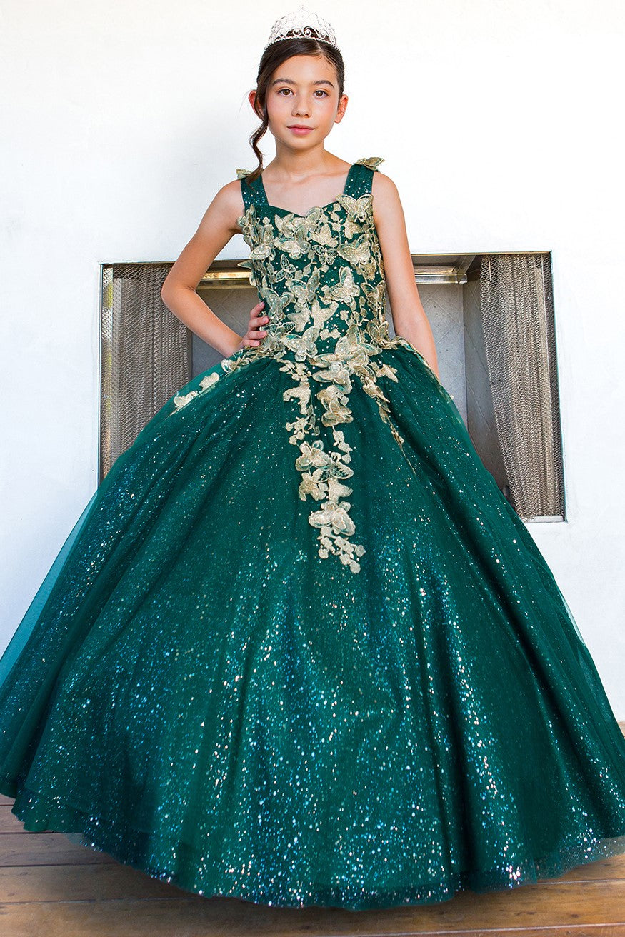Flower Girl Dresses Long Beaded Applique Glitter Flower Girl Dress Hunter Green