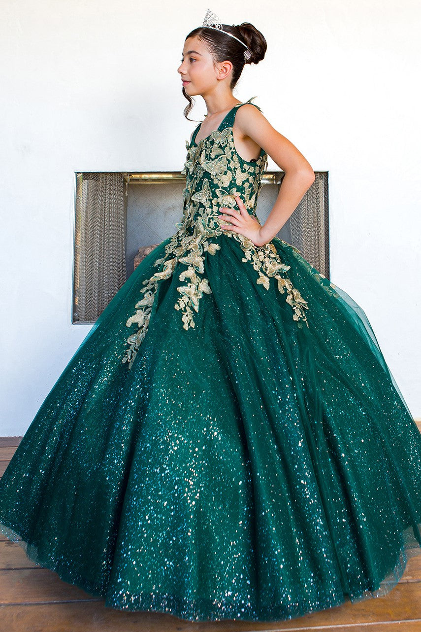Flower Girl Dresses Long Beaded Applique Glitter Flower Girl Dress Hunter Green