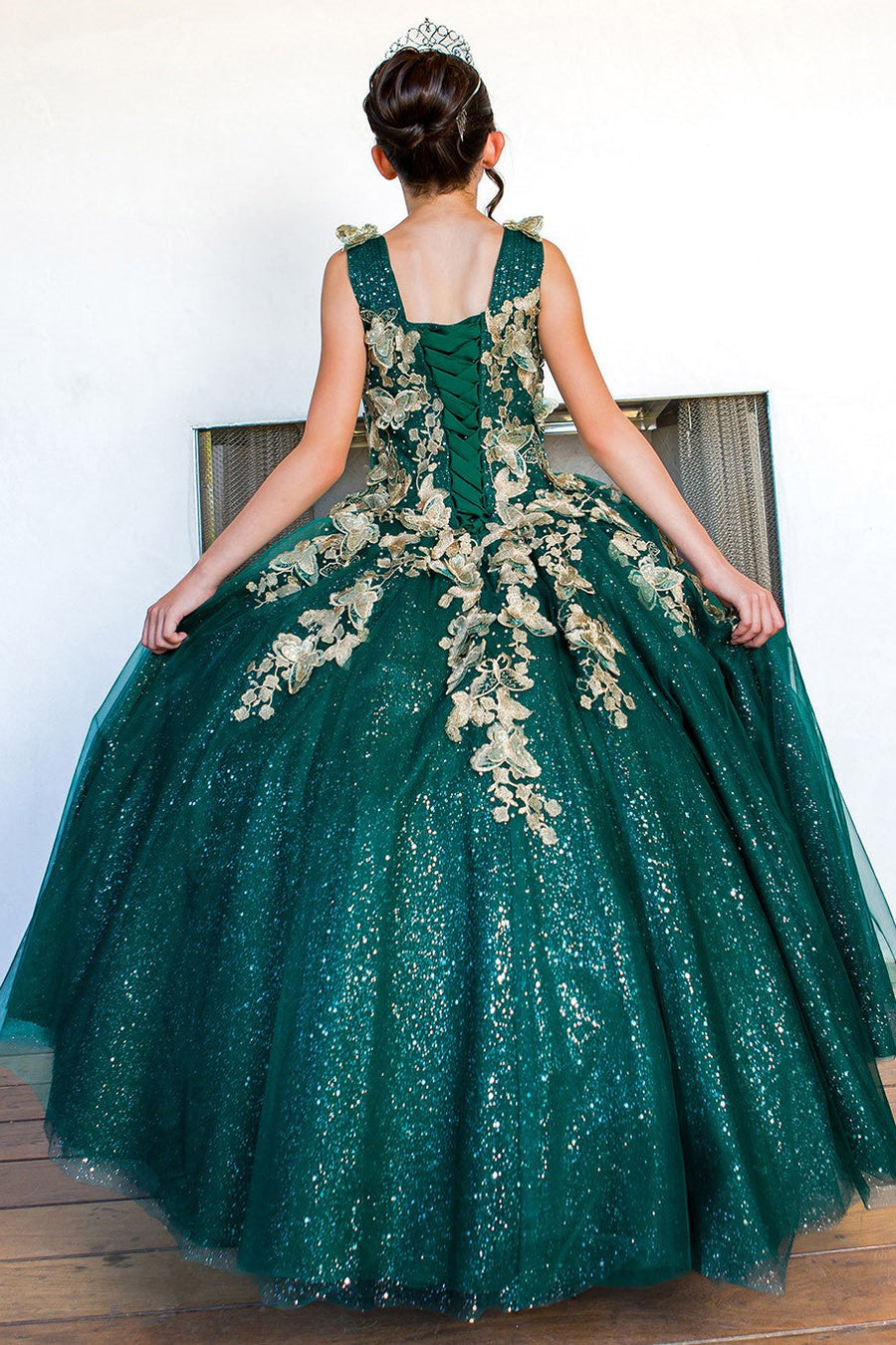 Flower Girl Dresses Long Beaded Applique Glitter Flower Girl Dress Hunter Green