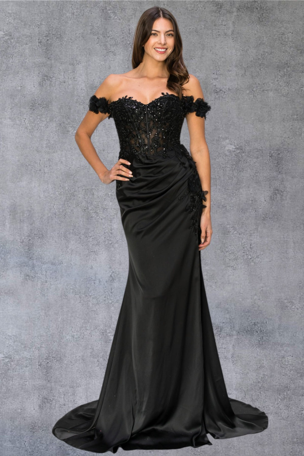 Prom Dresses Long Beaded Formal 3D Floral Applique Prom Dress Black