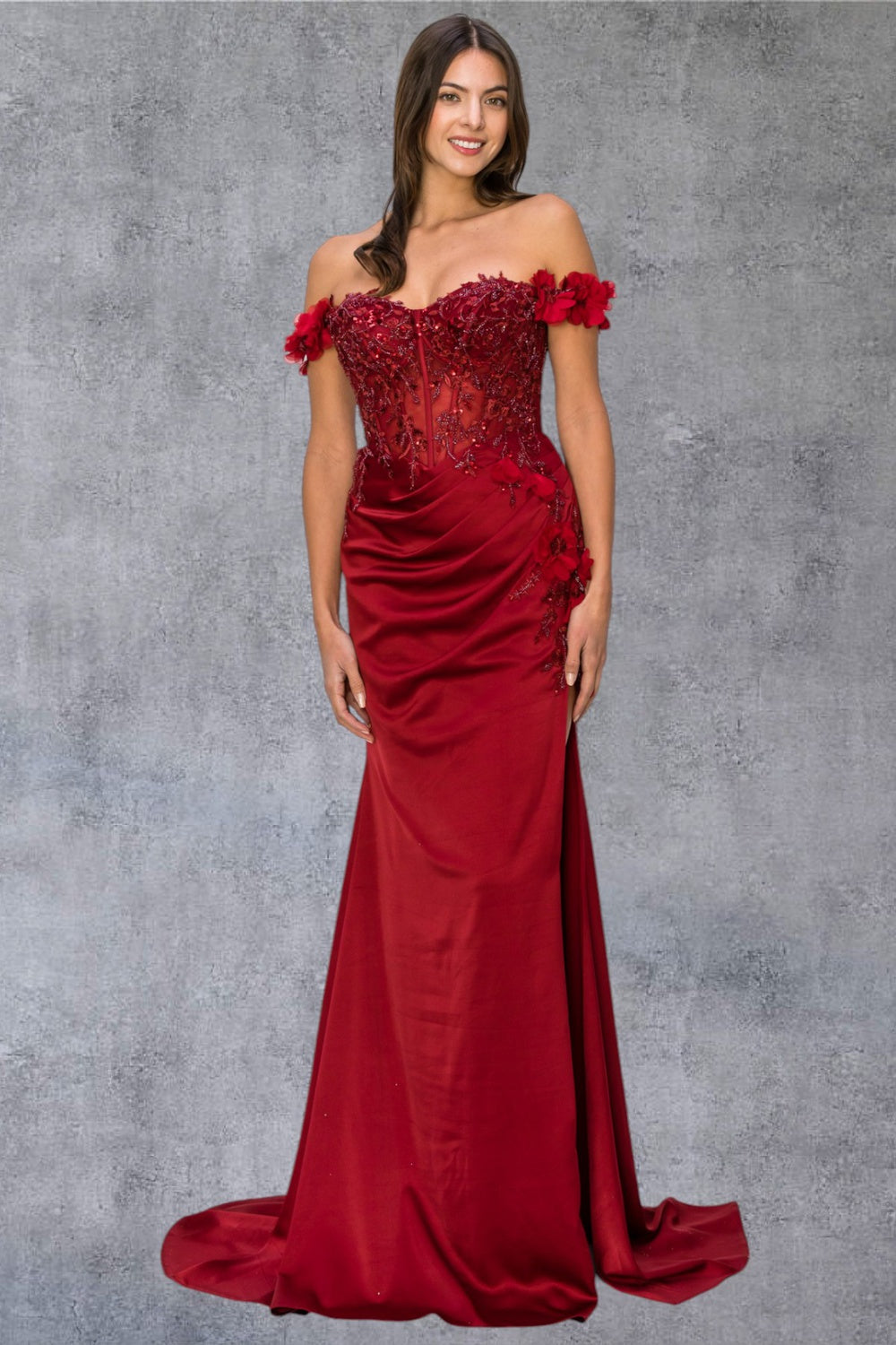 Prom Dresses Long Beaded Formal 3D Floral Applique Prom Dress Wine
