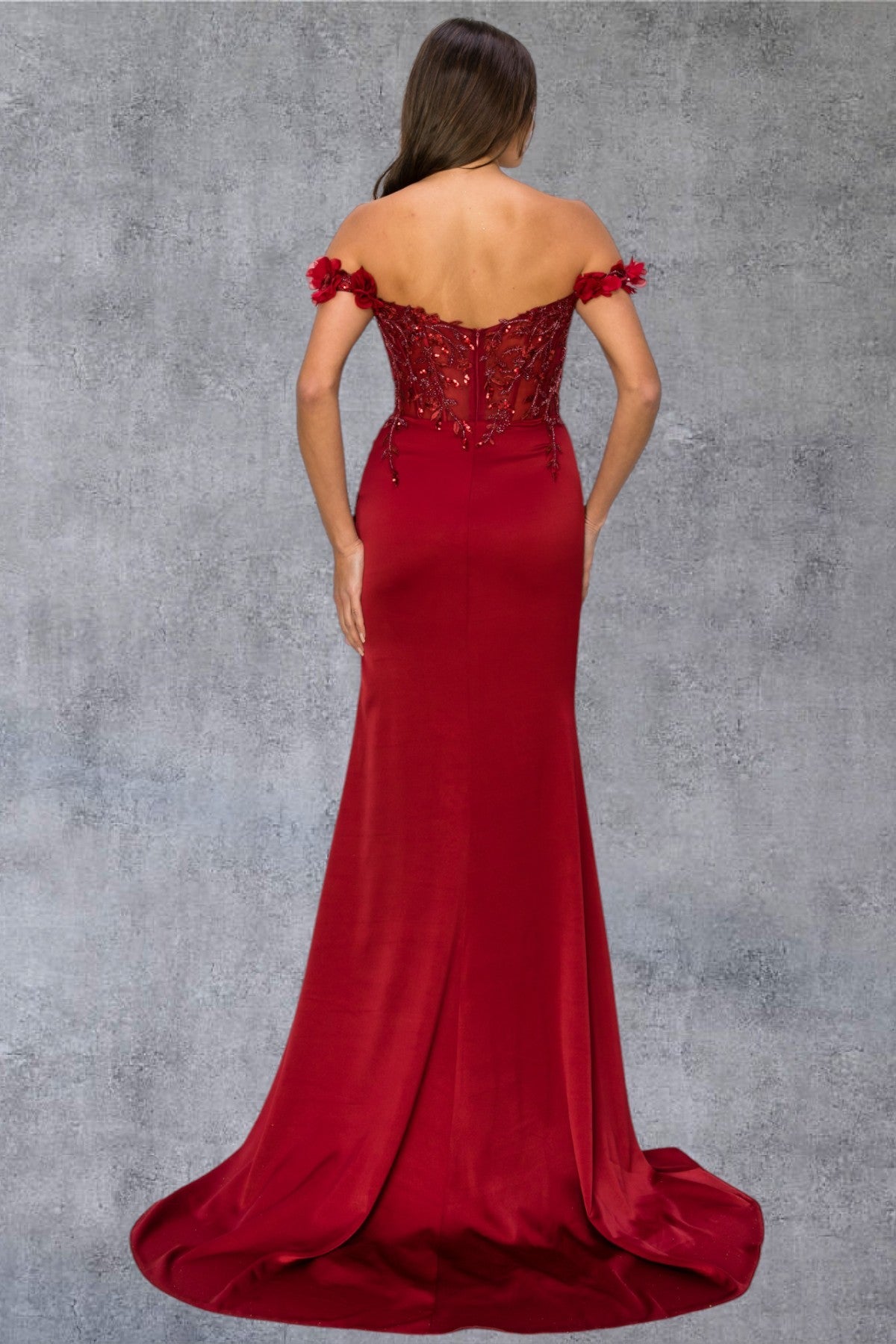 Prom Dresses Long Beaded Formal 3D Floral Applique Prom Dress Wine