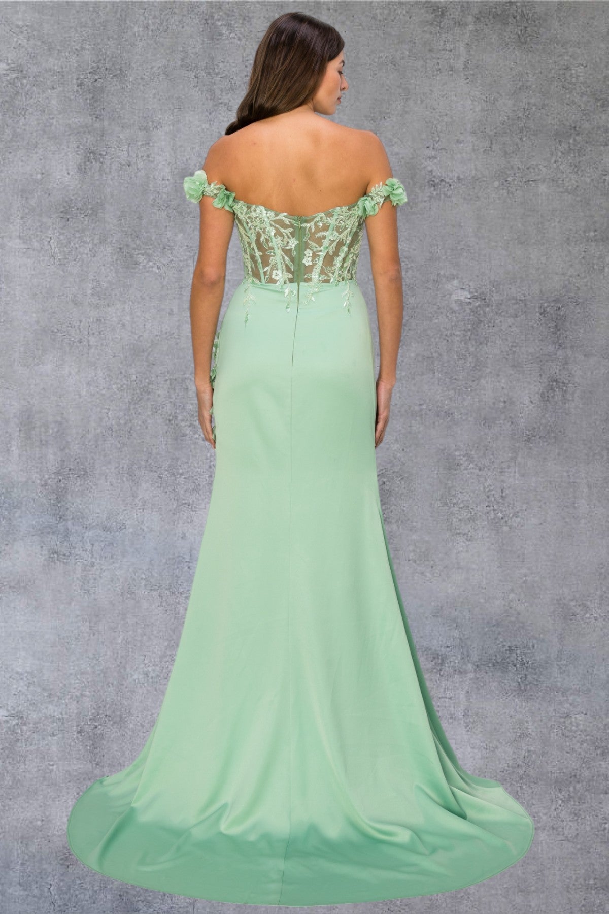 Prom Dresses Long Beaded Formal 3D Floral Applique Prom Dress Sage