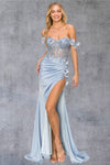 Prom Dresses Long Beaded Formal 3D Floral Applique Prom Dress Blue
