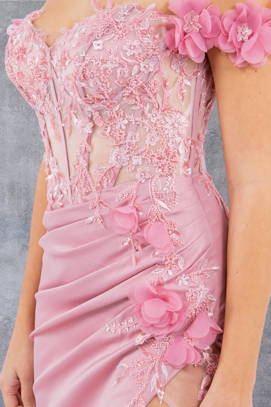 Prom Dresses Long Beaded Formal 3D Floral Applique Prom Dress Rose