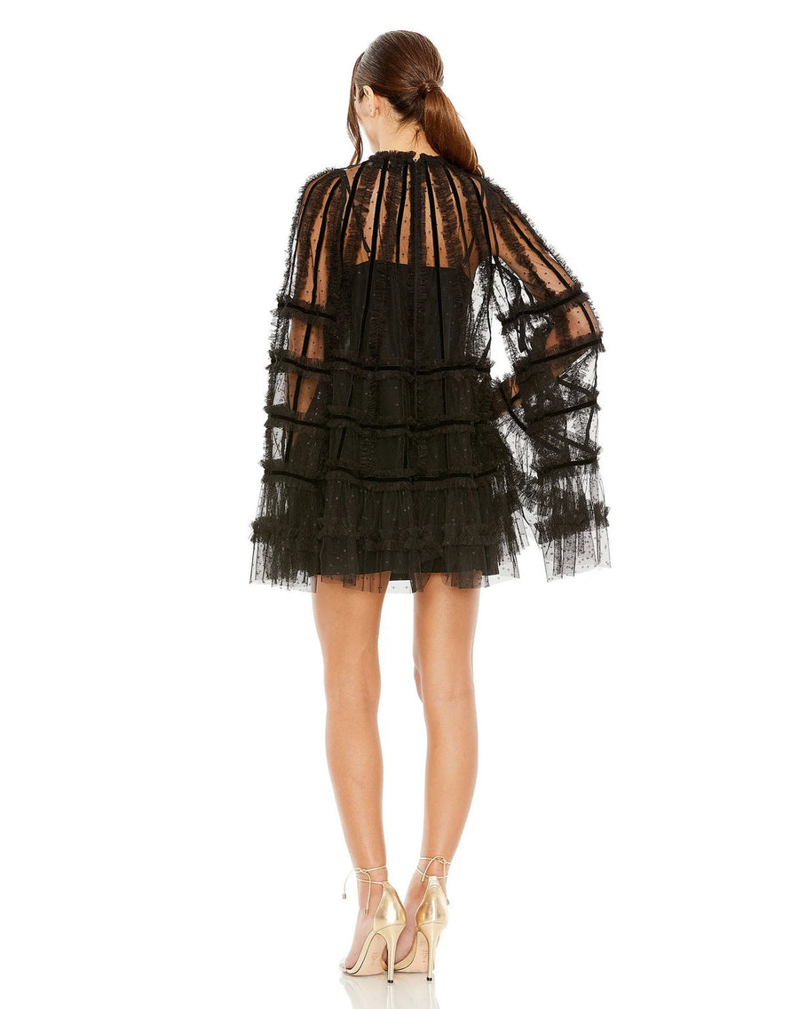 Cocktail Dresses High Neck Ruffle Bell Sleeve Trapeze Short Dress Black