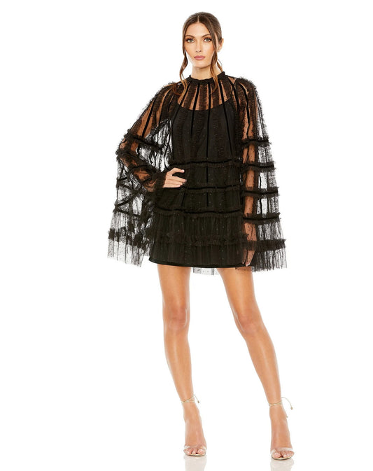 Cocktail Dresses High Neck Ruffle Bell Sleeve Trapeze Short Dress Black