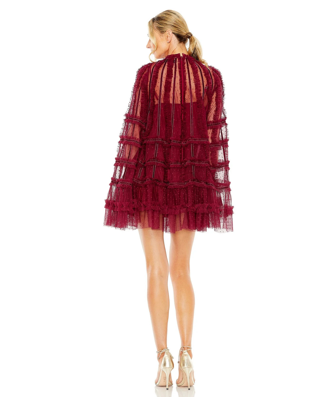 Cocktail Dresses High Neck Ruffle Bell Sleeve Trapeze Short Dress Crimson