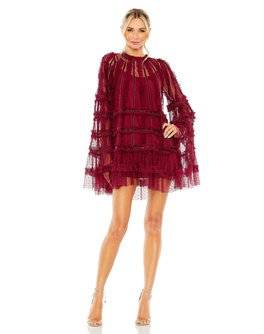 Cocktail Dresses High Neck Ruffle Bell Sleeve Trapeze Short Dress Crimson