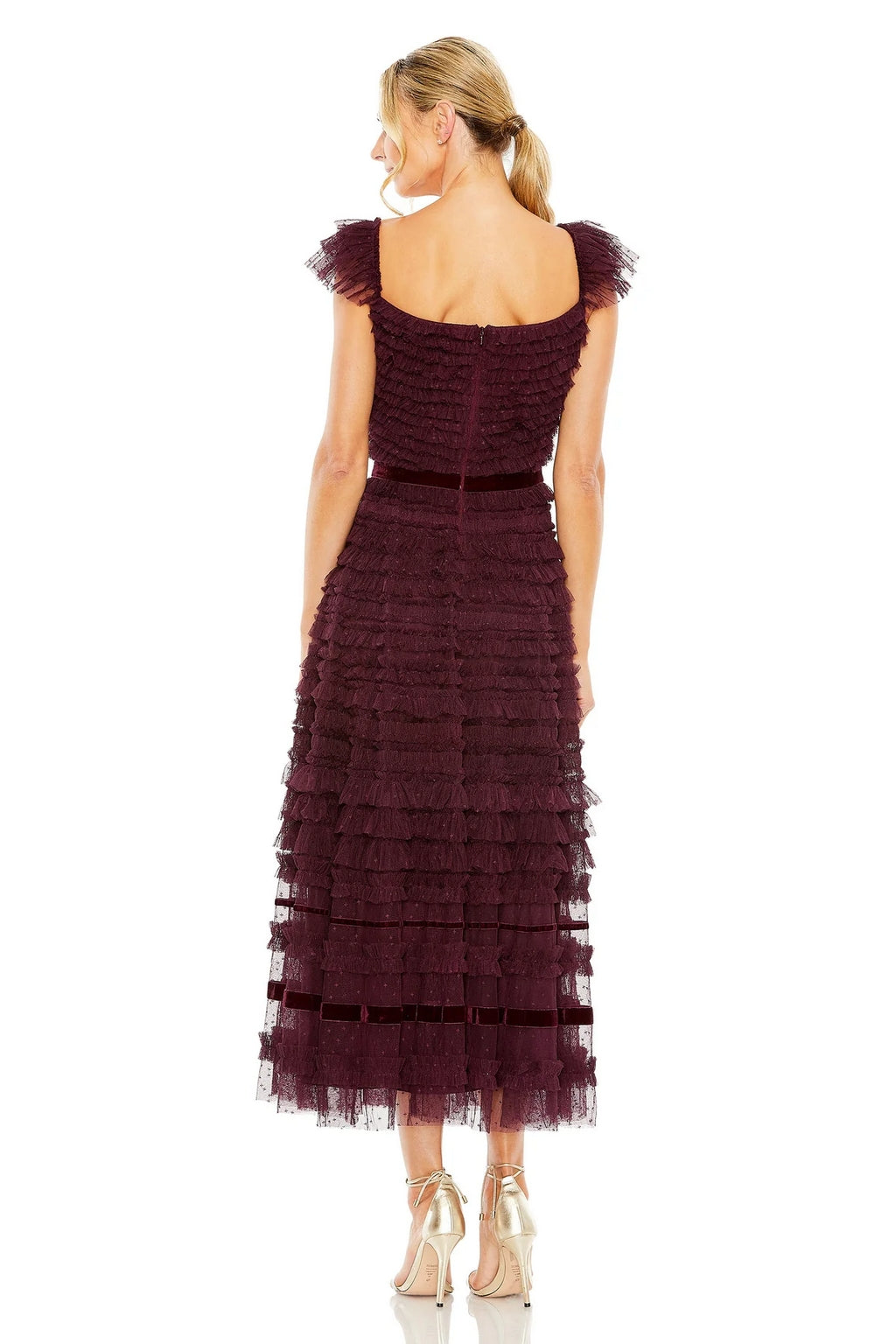 Cocktail Dresses Ruffle Cap Sleeve Embellished Tiered Midi Dress Amethyst