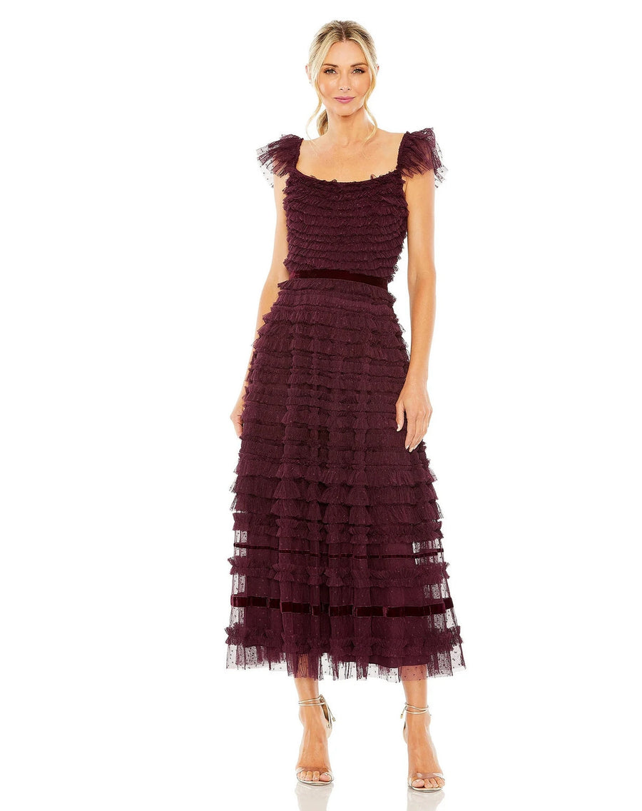 Cocktail Dresses Ruffle Cap Sleeve Embellished Tiered Midi Dress Amethyst