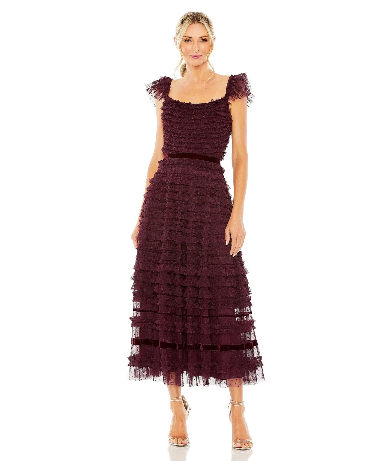 Cocktail Dresses Ruffle Cap Sleeve Embellished Tiered Midi Dress Amethyst