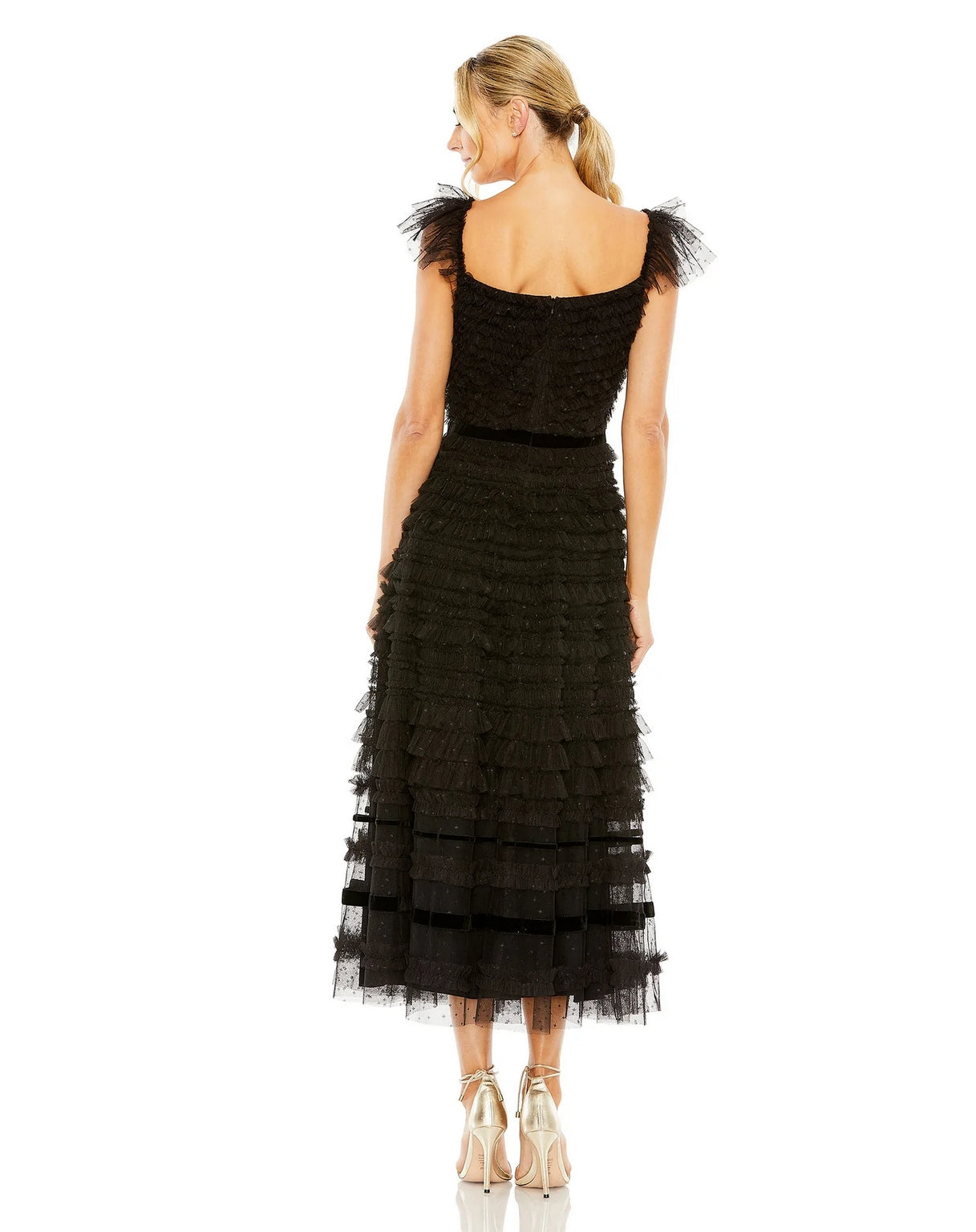 Cocktail Dresses Ruffle Cap Sleeve Embellished Tiered Midi Dress Black