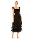 Cocktail Dresses Ruffle Cap Sleeve Embellished Tiered Midi Dress Black