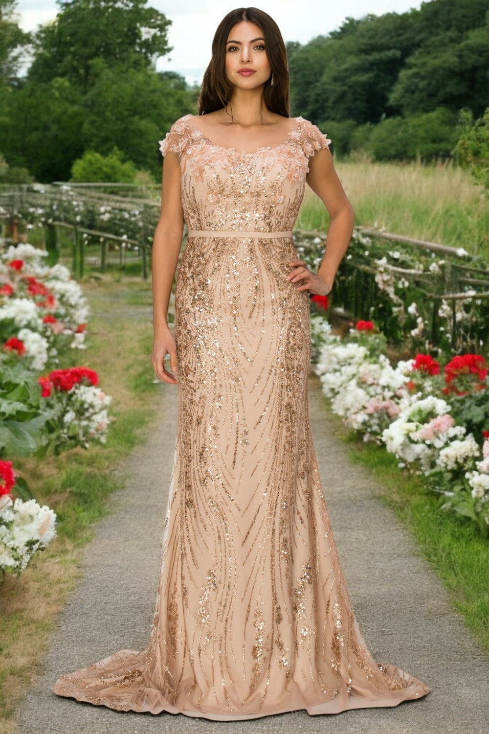 Prom Dresses Prom Long Glitter Applique Formal Dress Rose Gold