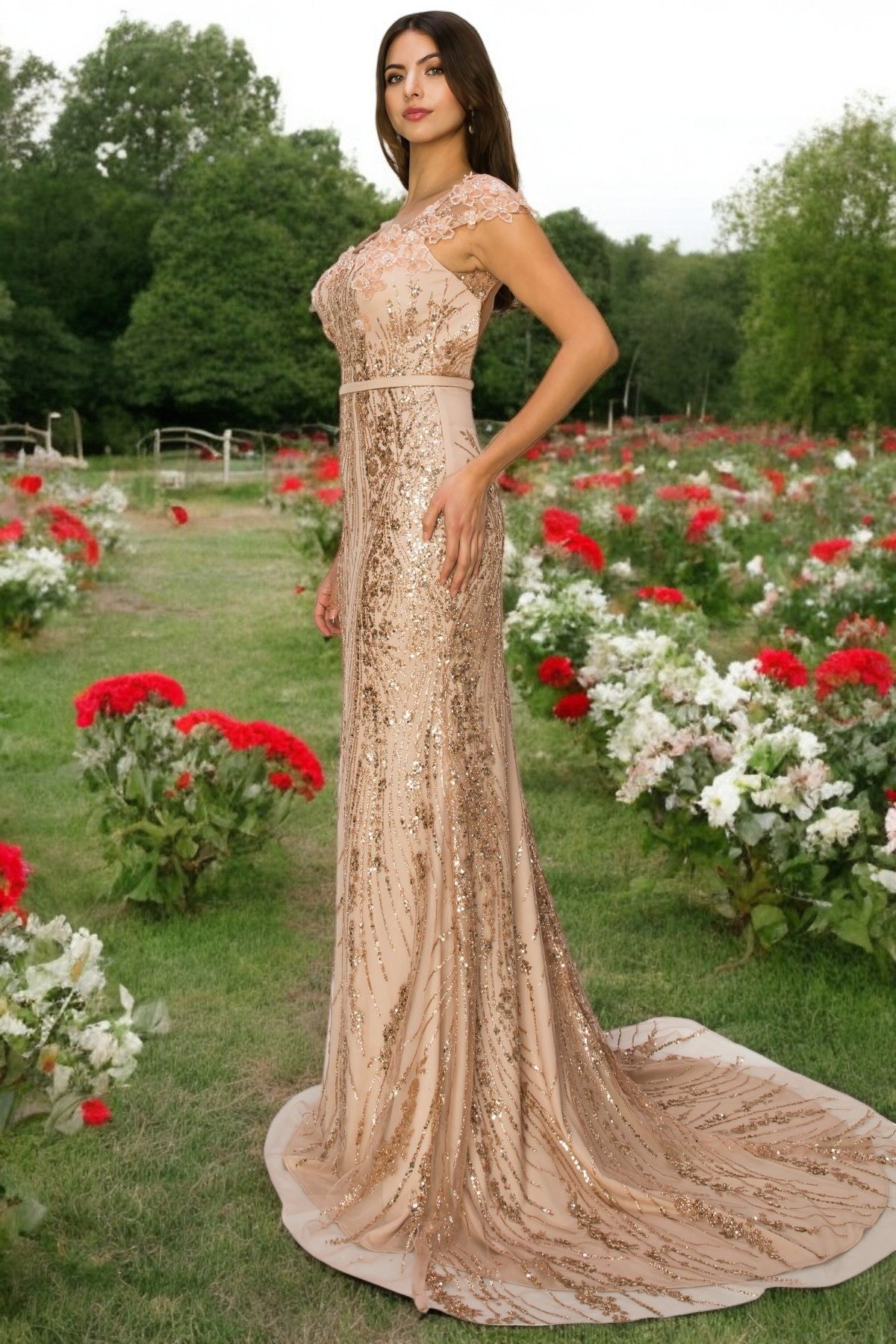 Prom Dresses Prom Long Glitter Applique Formal Dress Rose Gold