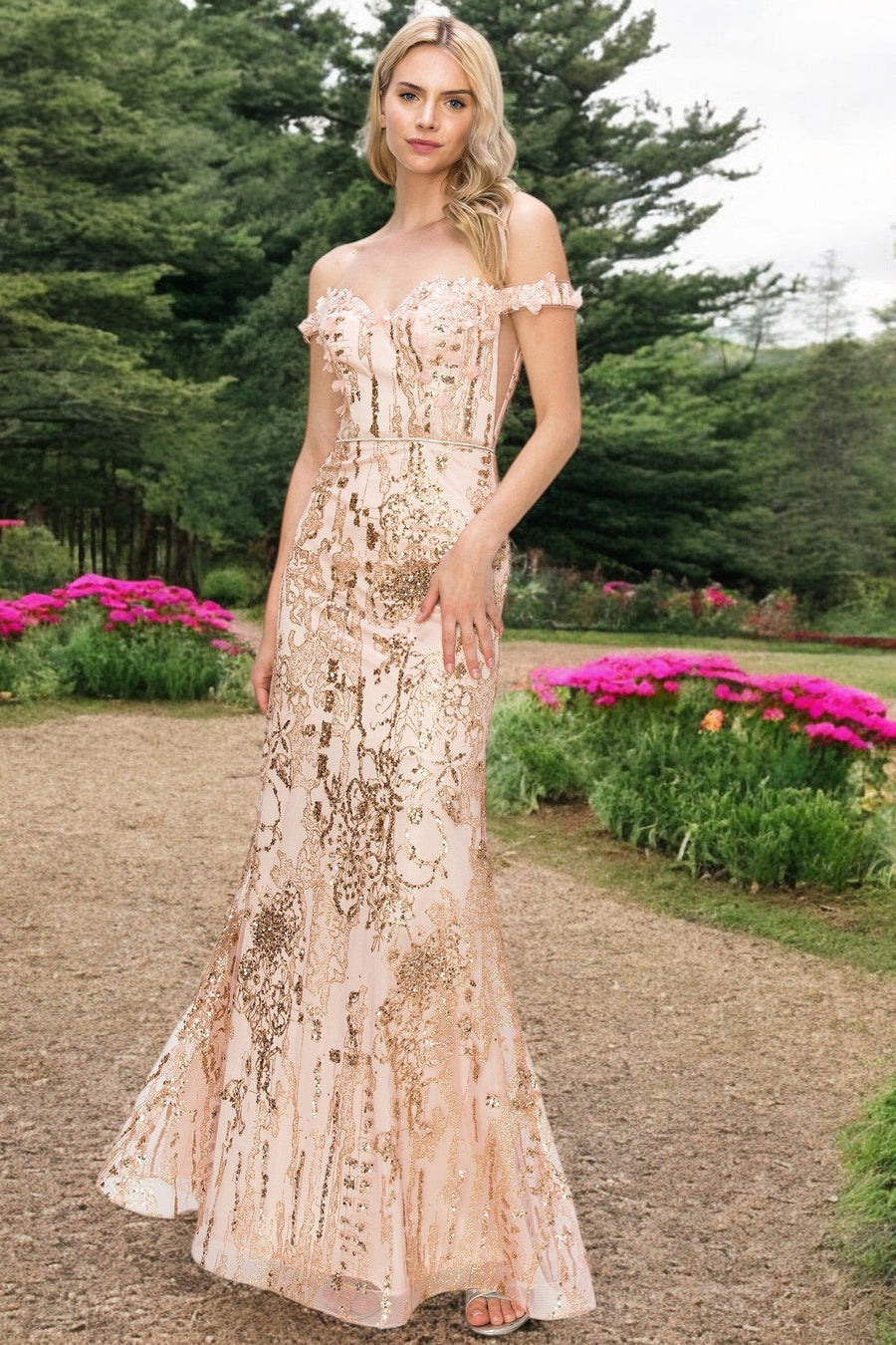 Prom Dresses Beaded Applique Long Formal Fitted Prom Dress Rose Gold