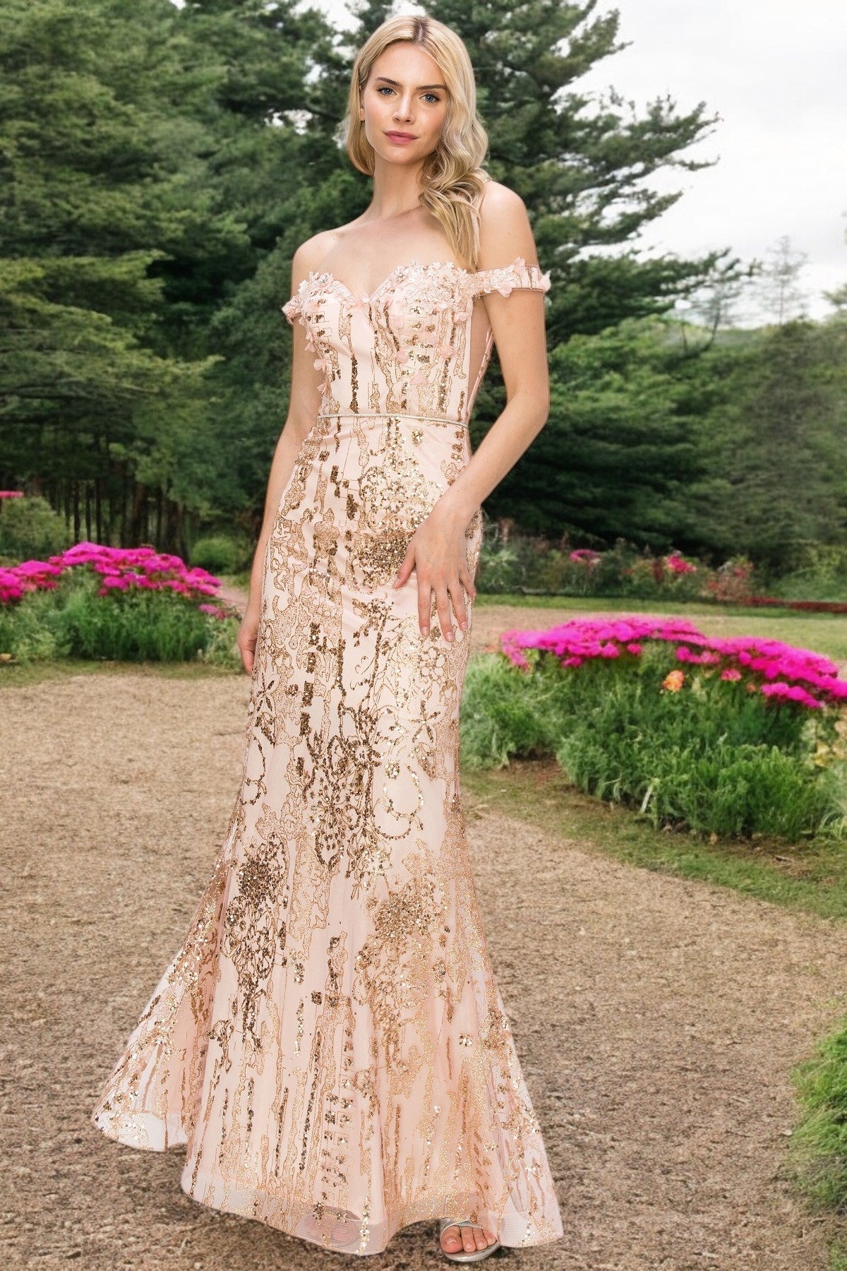 Prom Dresses Beaded Applique Long Formal Fitted Prom Dress Rose Gold