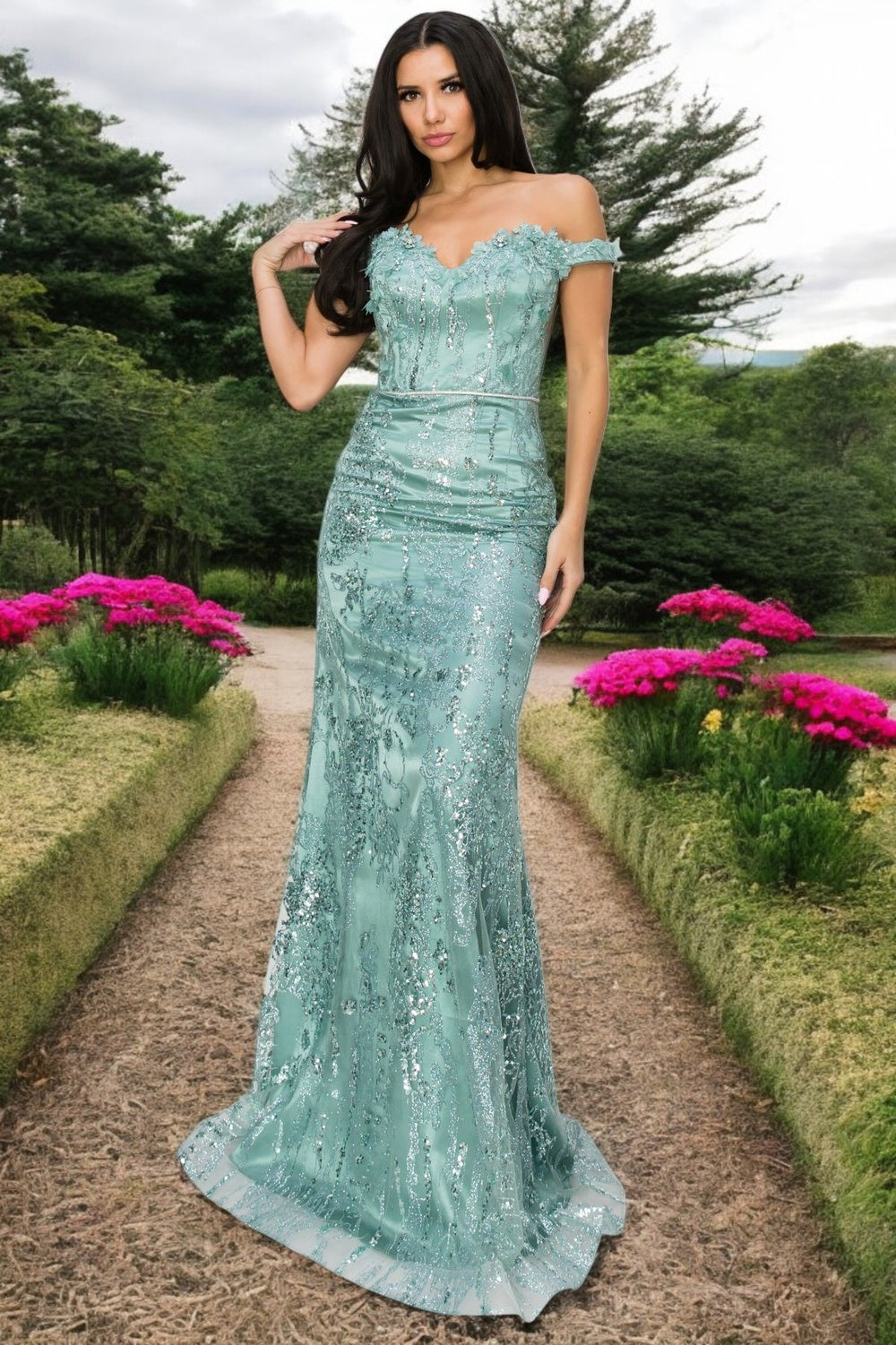 Prom Dresses Beaded Applique Long Formal Fitted Prom Dress Sage