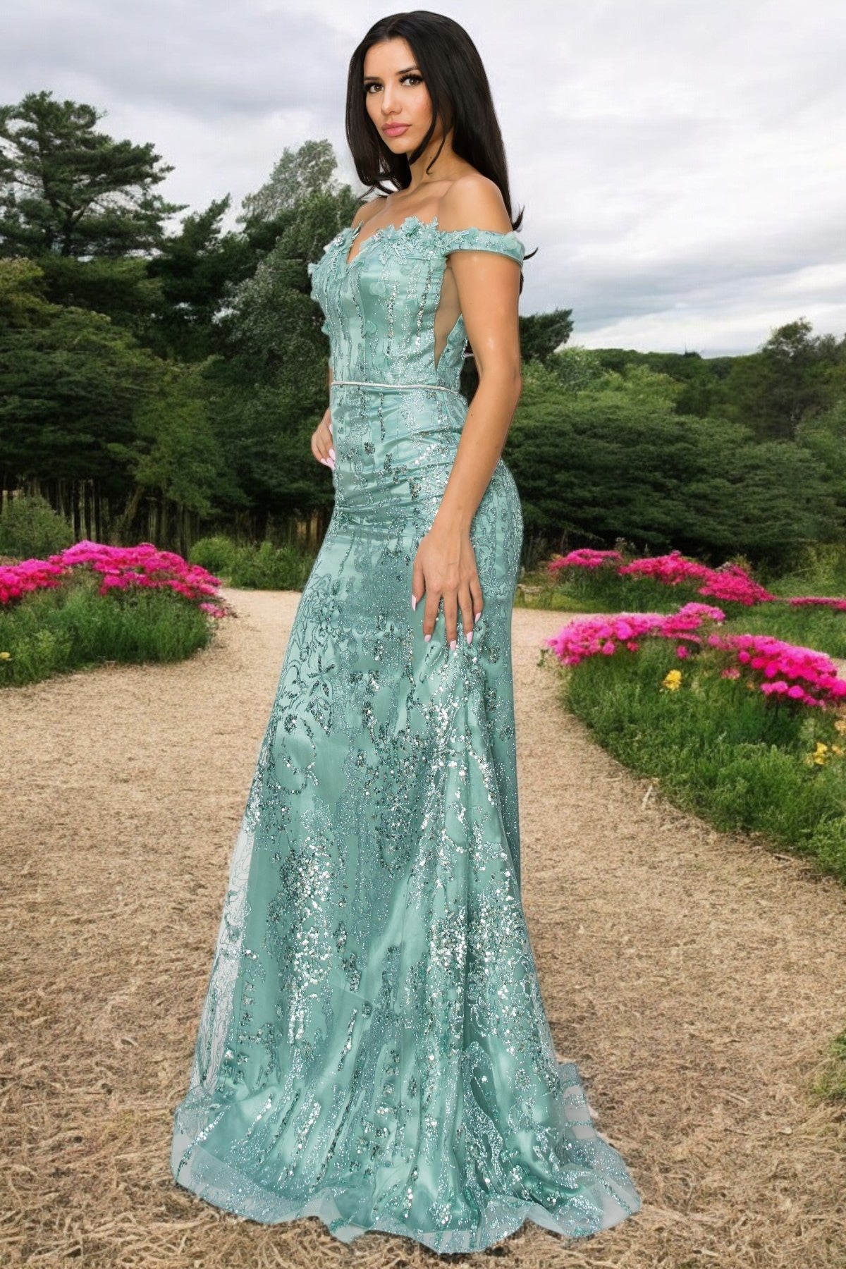 Prom Dresses Beaded Applique Long Formal Fitted Prom Dress Sage