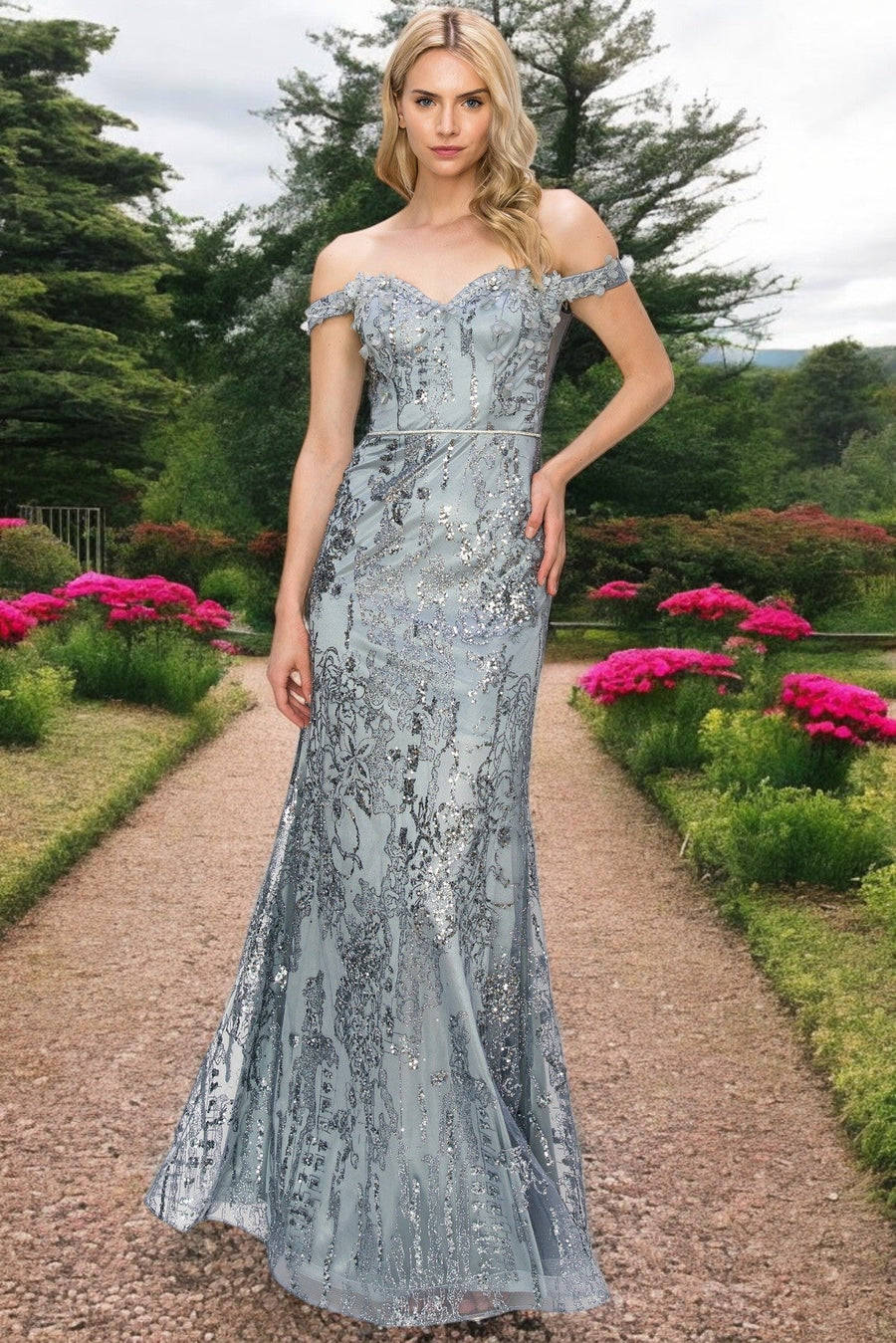 Prom Dresses Beaded Applique Long Formal Fitted Prom Dress Smoky Blue