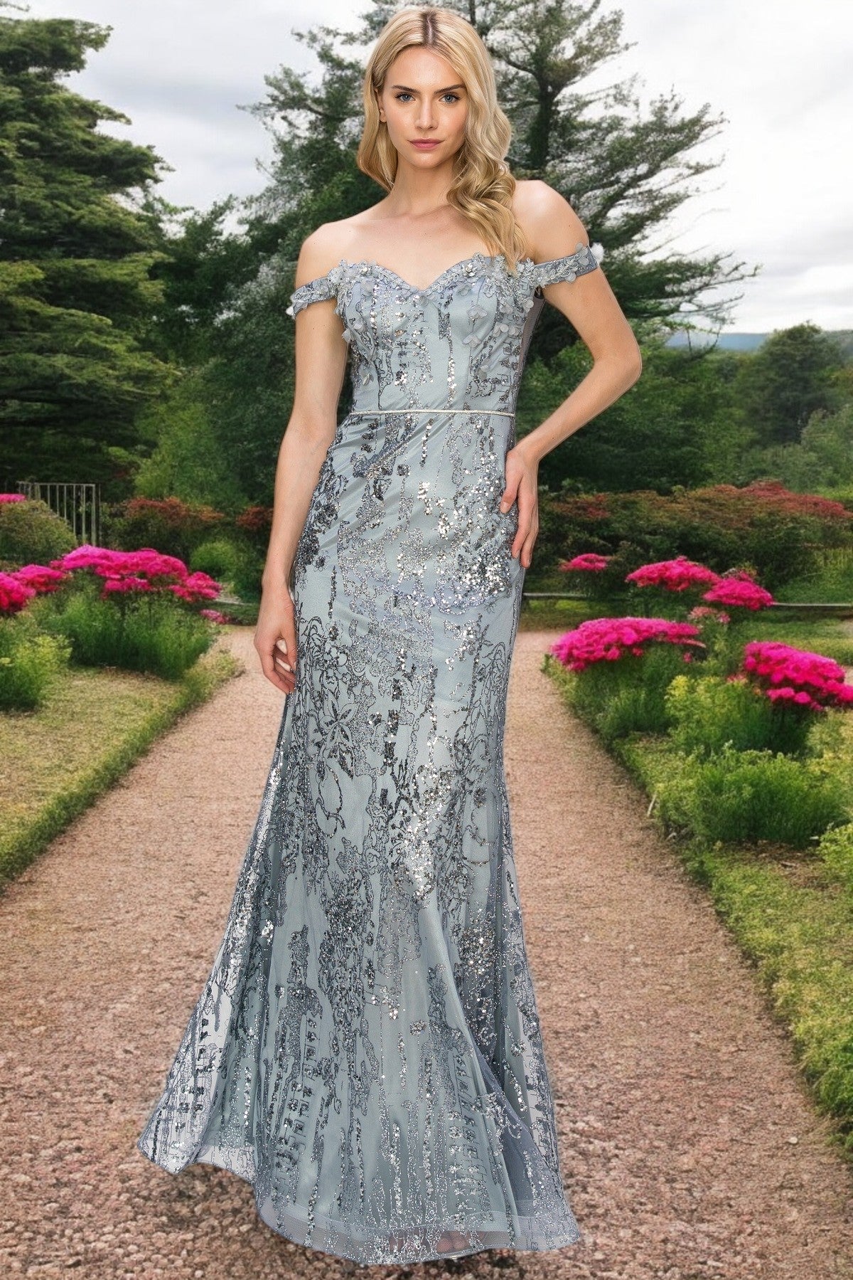 Prom Dresses Beaded Applique Long Formal Fitted Prom Dress Smoky Blue