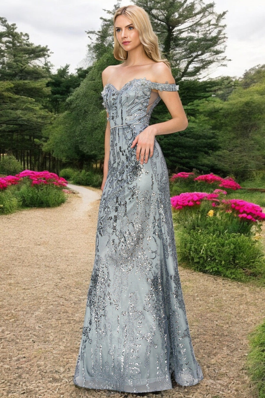 Prom Dresses Beaded Applique Long Formal Fitted Prom Dress Smoky Blue