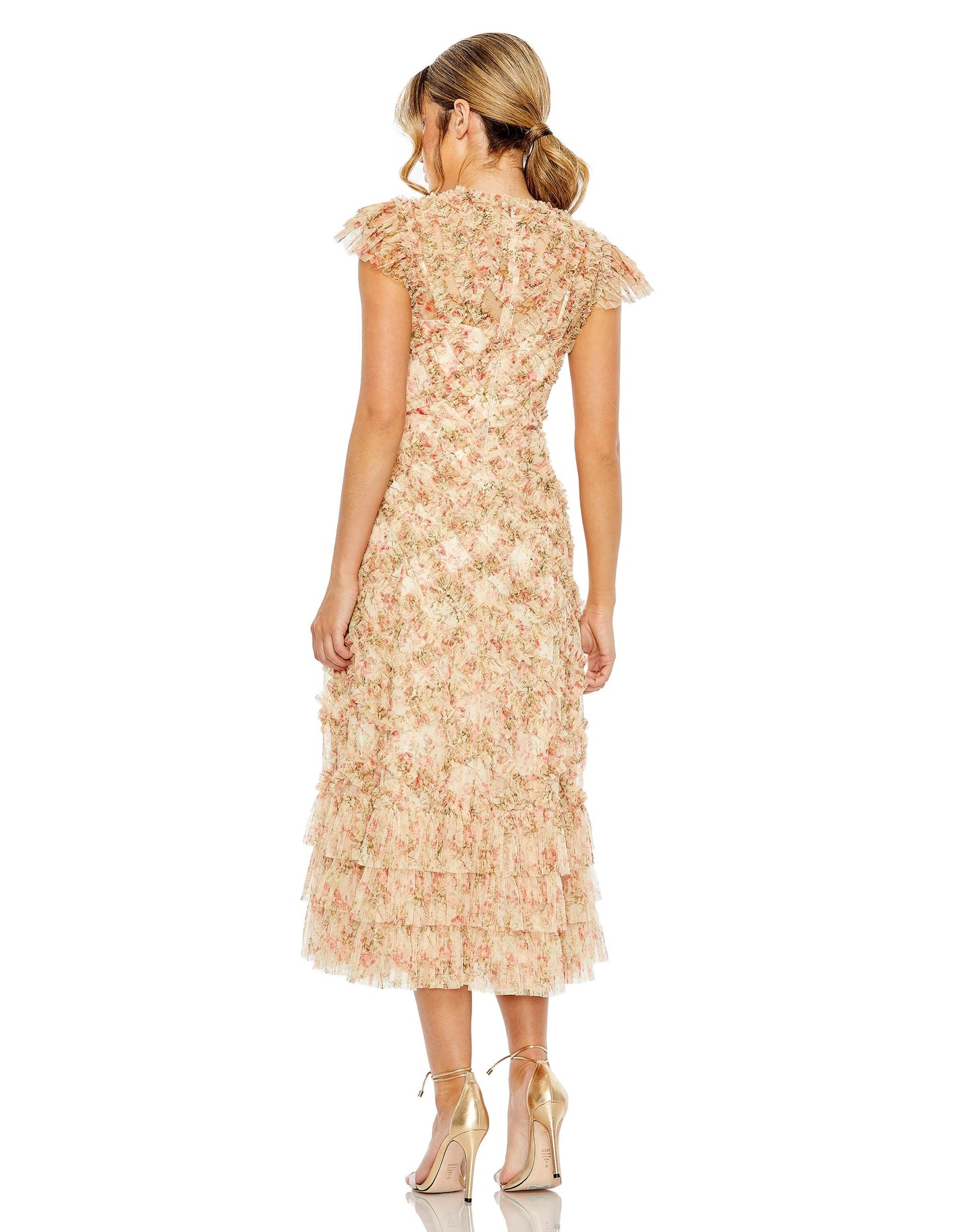 Cocktail Dresses Short Ruffle Tiered Cocktail Midi Dress Beige Multi