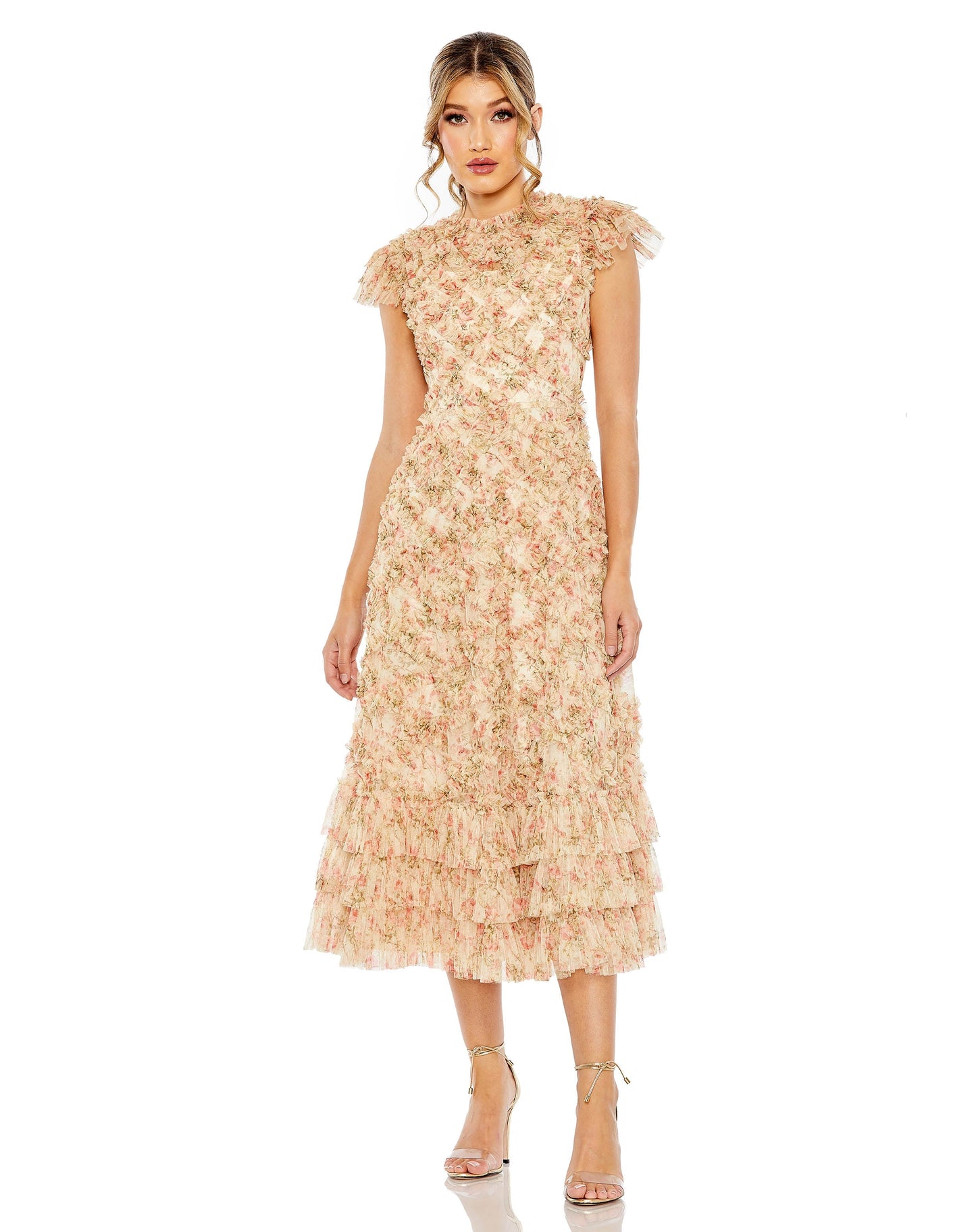 Cocktail Dresses Short Ruffle Tiered Cocktail Midi Dress Beige Multi