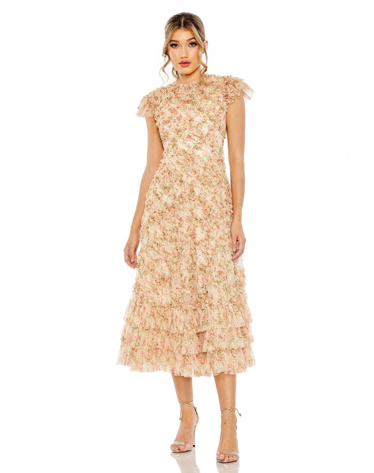 Cocktail Dresses Short Ruffle Tiered Cocktail Midi Dress Beige Multi
