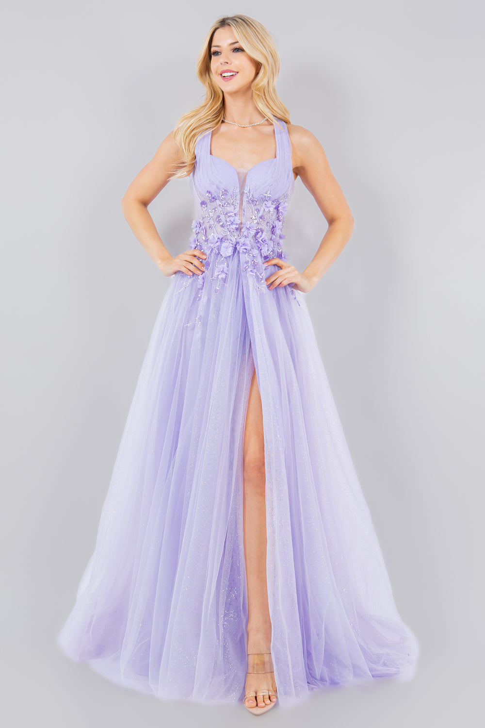 Prom Dresses A Line Long Formal Glitter Slit Prom Dress Lilac