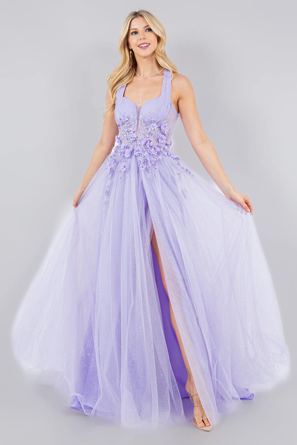 Prom Dresses A Line Long Formal Glitter Slit Prom Dress Lilac