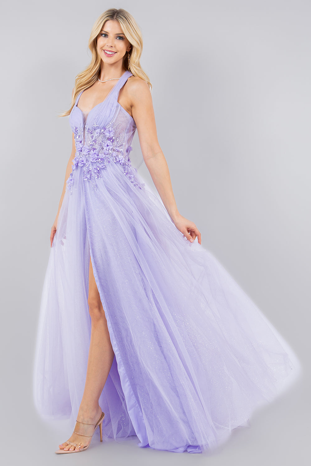 Prom Dresses A Line Long Formal Glitter Slit Prom Dress Lilac