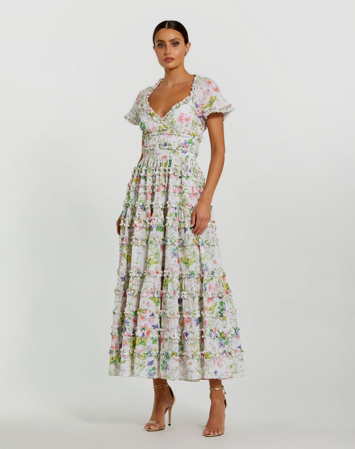 Cocktail Dresses Floral Tea Length Cocktail Dress  White Multi