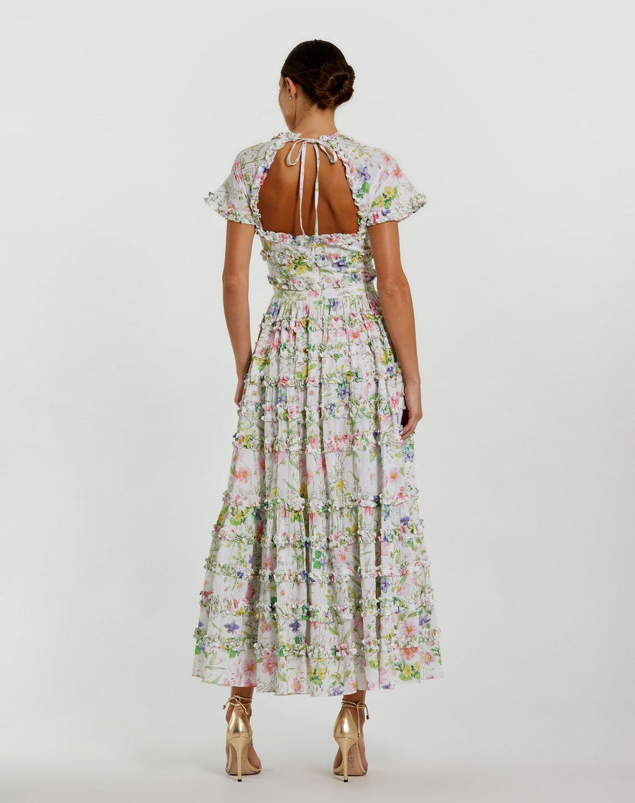 Cocktail Dresses Floral Tea Length Cocktail Dress  White Multi