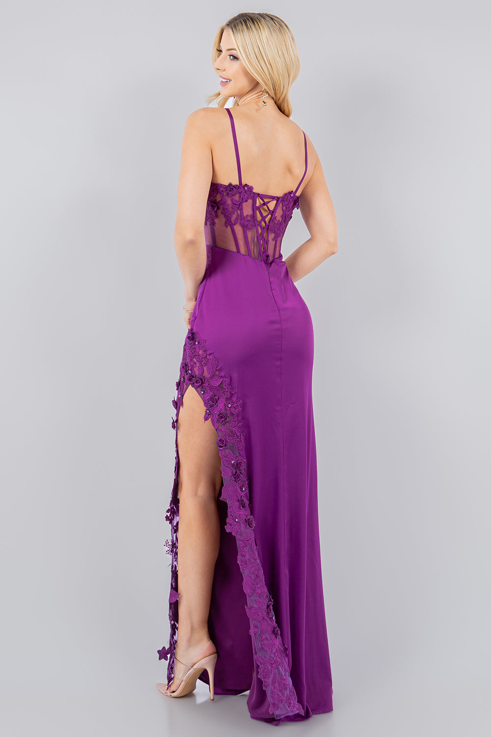 Prom Dresses Long Fitted Formal 3D Floral Applique Prom Dress Grape