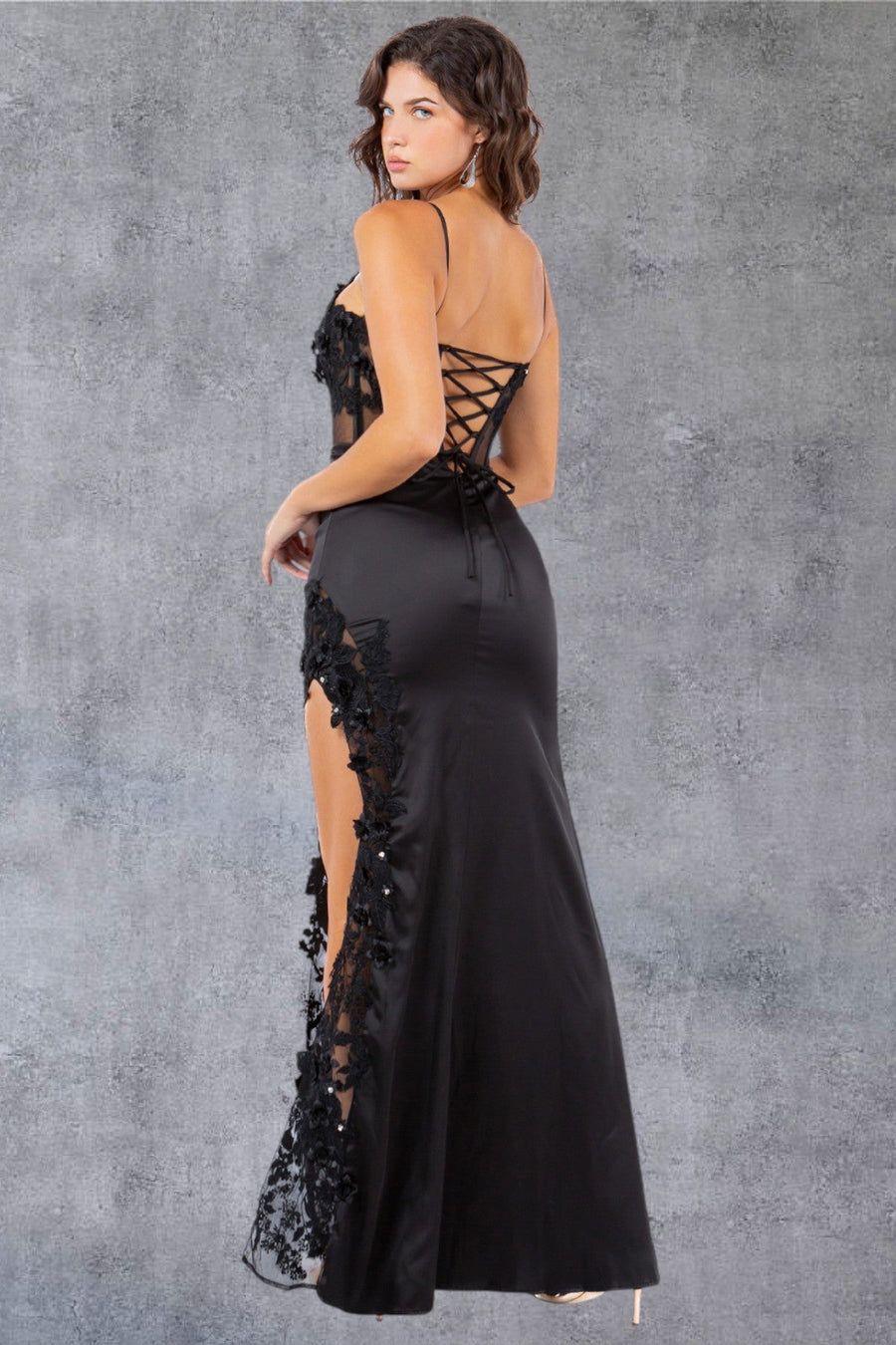 Prom Dresses Long Fitted Formal 3D Floral Applique Prom Dress Black