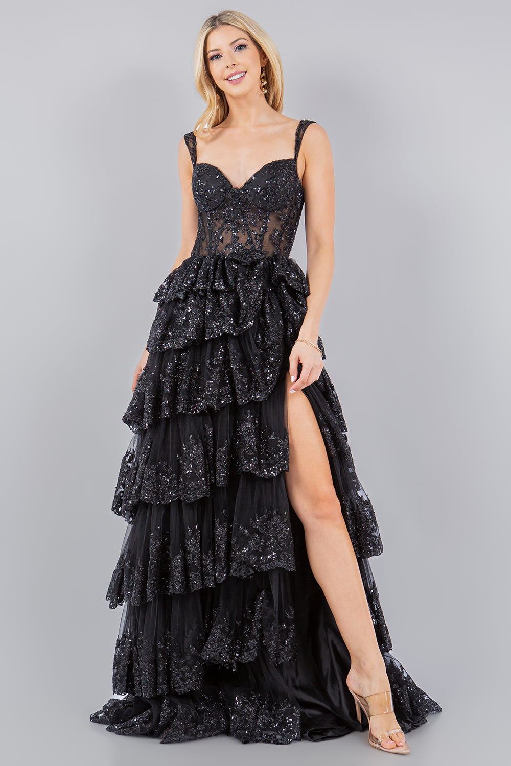 Prom Dresses A Line Long Formal Applique Tiered Prom Dress Black