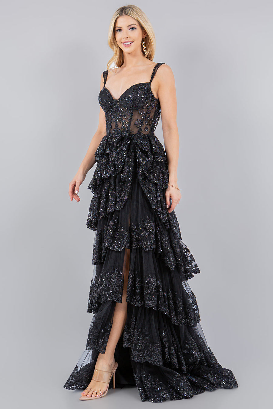 Prom Dresses A Line Long Formal Applique Tiered Prom Dress Black