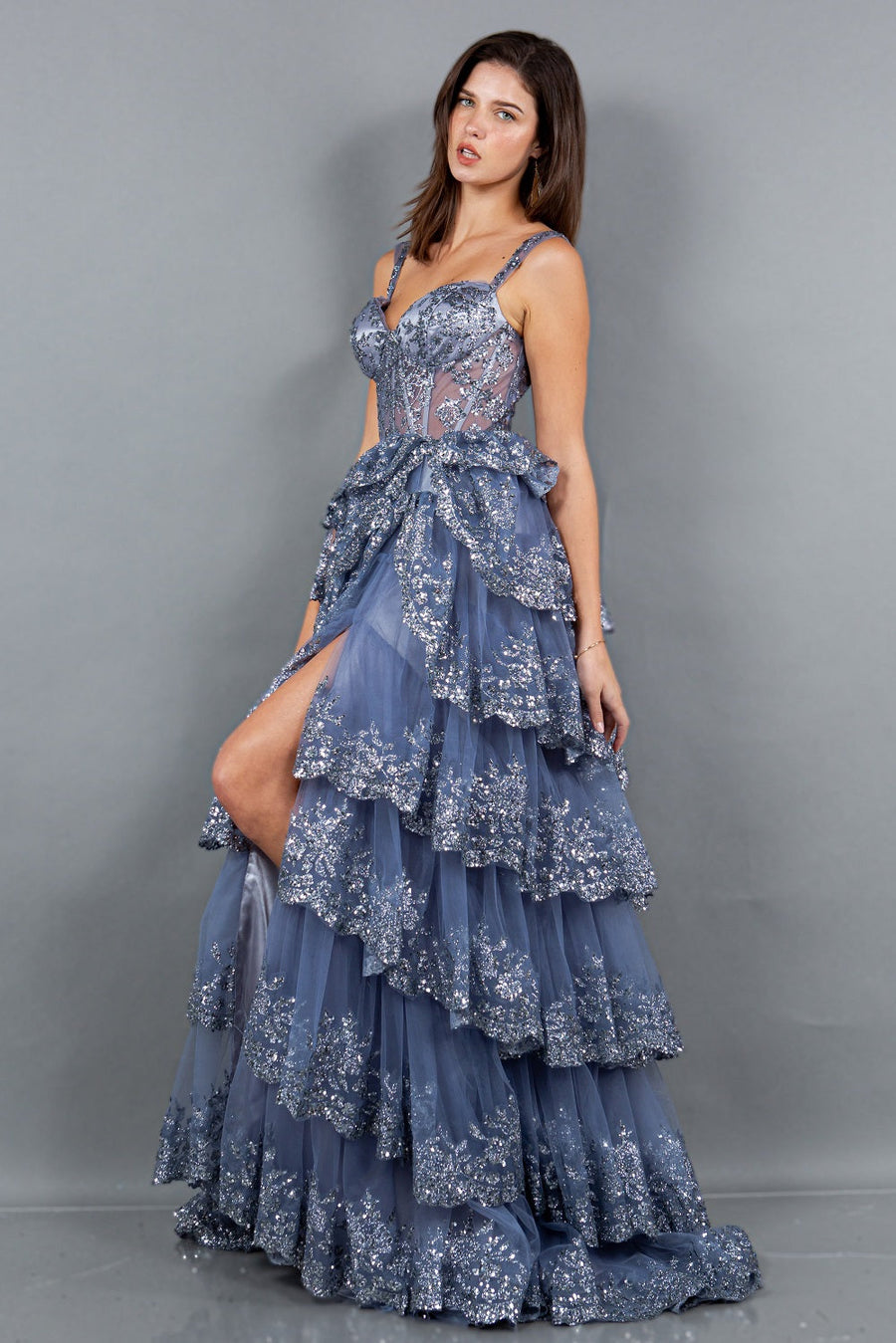 Prom Dresses A Line Long Formal Applique Tiered Prom Dress Smoky Blue