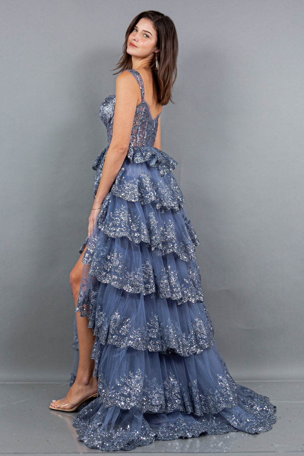 Prom Dresses A Line Long Formal Applique Tiered Prom Dress Smoky Blue