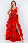 Prom Dresses A Line Long Formal Applique Tiered Prom Dress Red